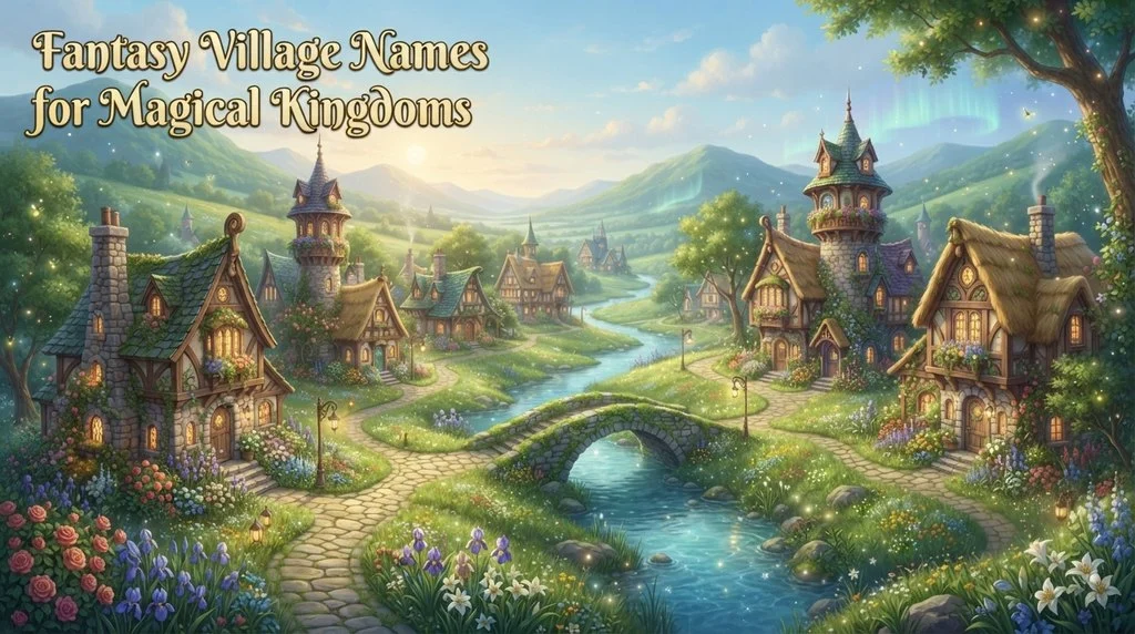 Create a visually enchanting, professional blog-feature image for the keyword **“Fantasy Village Names for Magical Kingdoms.”** Use a cinematic 16:9 composition at **1600 × 900 pixels** with a bright, colorful, non-black background. Show a charming fantasy village nestled in a magical kingdom, featuring whimsical medieval cottages, glowing lanterns, winding stone paths, lush green hills, colorful flowers, a small crystal-clear river, distant enchanted mountains, and subtle magical elements such as floating fireflies and gentle sparkling lights. The village should feel peaceful, imaginative, welcoming, and full of fantasy adventure. Use polished digital fantasy illustration with rich detail, soft natural lighting, and a clean composition suitable for a professional naming website or blog.

Place the exact keyword **“Fantasy Village Names for Magical Kingdoms”** clearly in the **top corner** as elegant, highly readable typography that naturally fits the fantasy design. Keep the keyword prominent but visually balanced.

Fantasy Village Names for Magical Kingdoms