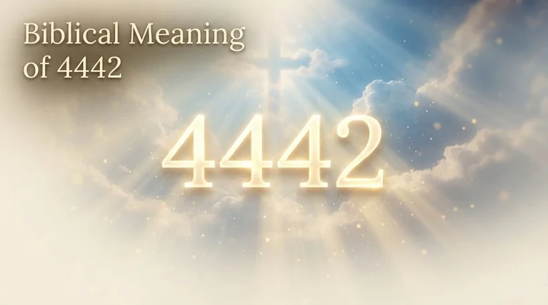 Create a high-quality, visually captivating Christian spiritual image for the topic **“Biblical Meaning of 4442.”** **Image Requirements:** * Canvas size: **1600 × 900 pixels** * Final compressed file size: **75–100 KB ONLY** * Background: **NOT black**; use a soft heavenly blue, warm cream, subtle golden light, or elegant celestial gradient. * Place the exact keyword **“Biblical Meaning of 4442”** clearly in the **top corner**. * Make the keyword highly readable, elegant, and naturally integrated into the design. * Visual theme: divine light, subtle heavenly rays, glowing numbers **4442**, peaceful clouds, gentle spiritual atmosphere, and tasteful Christian symbolism. * Keep the composition clean, professional, modern, and suitable for a Christian SEO article. * Avoid clutter, dark backgrounds, excessive text, cartoon styling, watermarks, logos, or unrelated objects. * Use realistic cinematic lighting with a calm, sacred, uplifting mood. Biblical Meaning of 4442