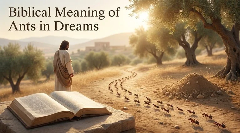 Create a 1600 × 900 px professional, visually appealing blog-feature image for the keyword “Biblical Meaning of Ants in Dreams”. Show a symbolic Christian dream scene: a peaceful, softly illuminated biblical setting with a person observing a trail of small ants moving purposefully across the ground toward a tiny mound. Subtle warm sunlight should create a reflective, spiritual atmosphere, suggesting themes such as hard work, diligence, wisdom, preparation, discipline, and God-given lessons. Add tasteful, subtle biblical symbolism in the background, such as an open Bible with gentle light falling across its pages, without making the scene overly religious or cluttered. Place the exact text “Biblical Meaning of Ants in Dreams” clearly in the top corner, with elegant, highly readable typography. Keep the text naturally integrated into the composition. Use a clean, sophisticated, realistic editorial style suitable for a Christian blog. Use warm natural tones, soft lighting, balanced composition, realistic ants, and plenty of visual breathing room. Do not use a black background. Avoid horror, scary imagery, supernatural creatures, excessive religious symbols, cartoon styling, or visual clutter. Biblical Meaning of Ants in Dreams